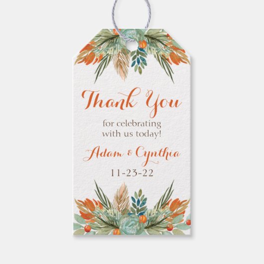 オレンジ、グリーン、ブラウンの花柄オリジナルギフトタグ ギフトタグ (正面)