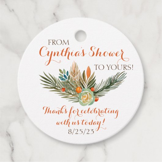 オレンジ、グリーン、ブラウンの花柄ギフトタグ フェイバータグ (正面)