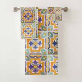 オレンジ・グリーン・ブルーのタイル・タオル バスタオルセット