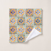 オレンジ・グリーン・ブルーのタイル・タオル バスタオルセット (ウォッシュタオル)