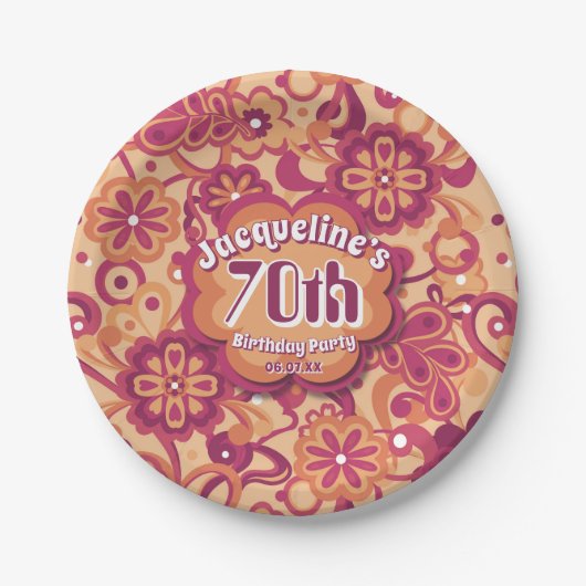 オレンジ グルービー サイケデリック 60年代 70年代 花柄 誕生日 ペーパープレート (正面)