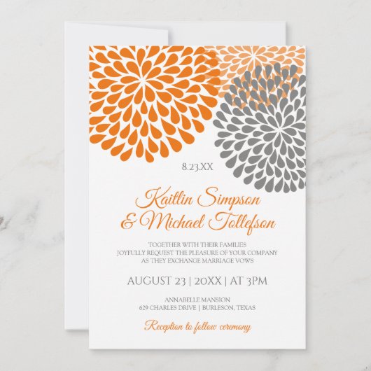 オレンジ&グレー結婚式招待状 |フローラとおもしろい 招待状 (正面)