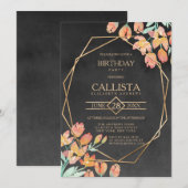 オレンジ ゴールド ブラック フラワーテラリウム バースデーパーティー 招待状 (正面/裏面)