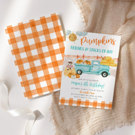 オレンジ&ターコイズパンプキンハーベストトラック誕生日 招待状
