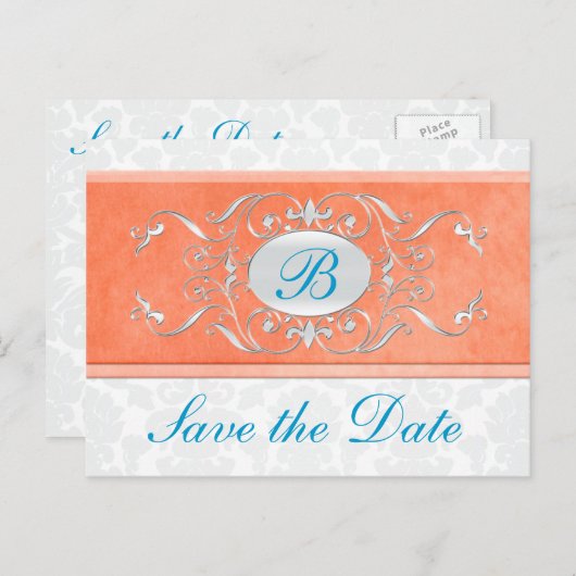 オレンジ、ターコイズ、グレーのダマスク日付を保存 案内ポストカード (正面/裏面)