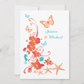 オレンジ、ターコイズ、ホワイトデスティネーションウェディング 招待状 (正面)