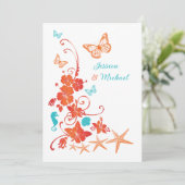 オレンジ、ターコイズ、ホワイトデスティネーションウェディング 招待状 (スタンド正面)