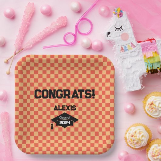 オレンジ・チェッカーボード卒業パーティー ペーパープレート (パーティー)