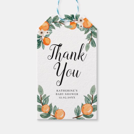 オレンジ・ツインベビーシャワーありがとうラベル ギフトタグ (正面)