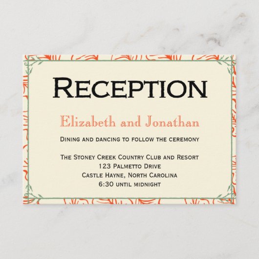 オレンジ & ティール ラスティック ウェディング レセプション カード (正面)