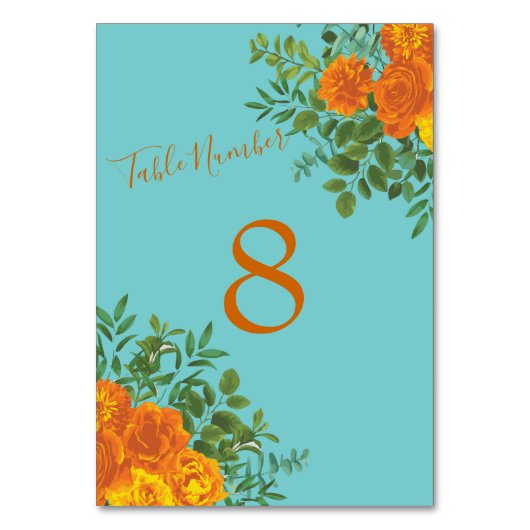 オレンジ&ティール（緑がかった色）アクア牡丹&バラフローラ結婚ズ テーブルナンバー (裏面)