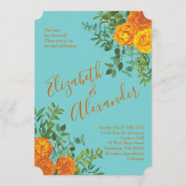 オレンジ&ティール（緑がかった色）アクア牡丹&バラフローラ結婚ズ 招待状
