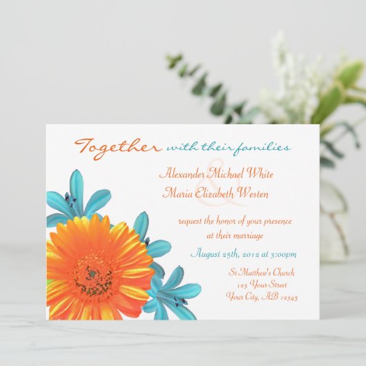 オレンジ&ティール(緑がかった色)サマーフラワー結婚式招待状 招待状 (スタンド正面)