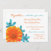 オレンジ&ティール(緑がかった色)サマーフラワー結婚式招待状 招待状 (正面/裏面)