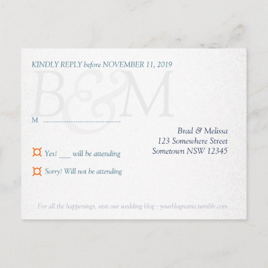 オレンジ&ティール(緑がかった色)ネイビーブルーRSVPポストカード インビテーションポストカード (裏面)