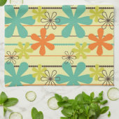 オレンジ、ティール(緑がかった色)、黄緑の花とストライプ花 キッチンタオル (折り畳み)