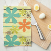 オレンジ、ティール(緑がかった色)、黄緑の花とストライプ花 キッチンタオル (四つ折り)
