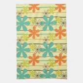 オレンジ、ティール(緑がかった色)、黄緑の花とストライプ花 キッチンタオル (縦)