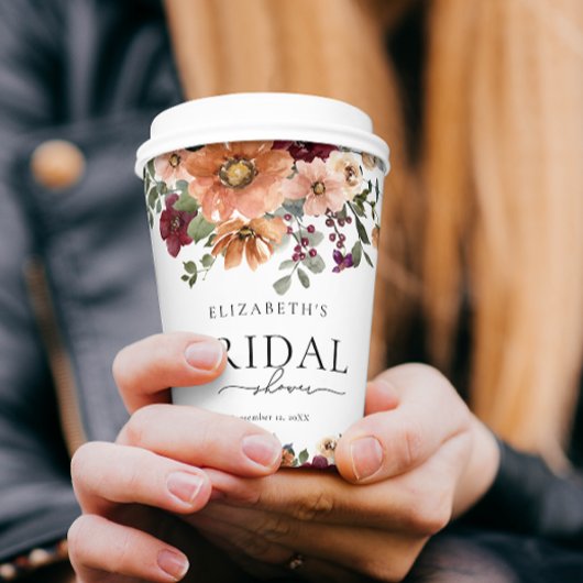 オレンジ テラコッタ バーガンディー フラワー ブライダル シャワー 紙コップ