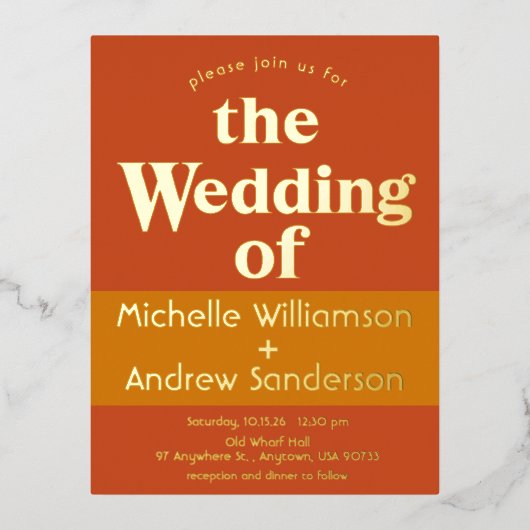 オレンジ テラコッタ モダン レトロ 箔招待状ポストカード (正面)