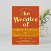 オレンジ テラコッタ モダン レトロ 箔招待状 (立ち正面)