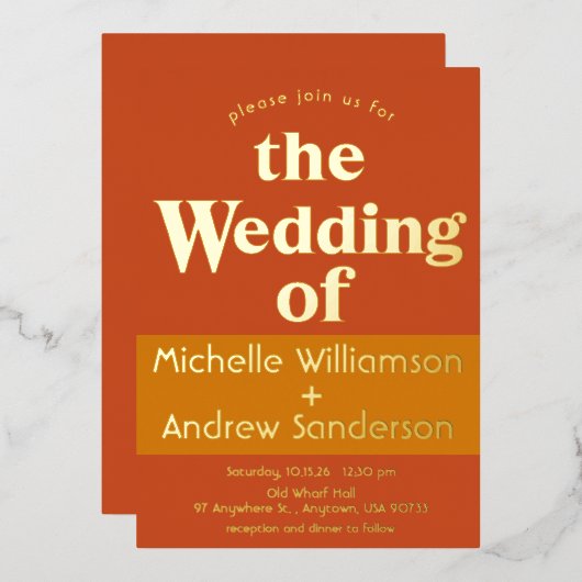 オレンジ テラコッタ モダン レトロ 箔招待状 (正面/裏面)