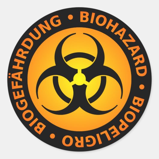 オレンジ・トリリンガル生物学的災害［有害物質］警告ズ ラウンドシール (正面)