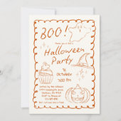 オレンジ トレンディ ハンドドローンスケッチハロウィンパーティー 招待状 (正面)
