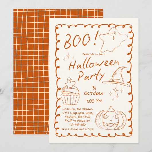 オレンジ トレンディ ハンドドローンスケッチハロウィンパーティー 招待状 (正面/裏面)