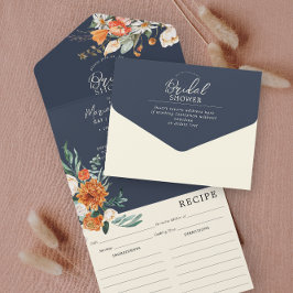 オレンジ&ネイビーフローラブライダルシャワー&レシピ オールインワン招待状