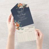 オレンジ&ネイビーフローラブライダルシャワー&レシピ オールインワン招待状 (貼ってはがせる)