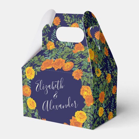 オレンジ&ネイビーブルー牡丹&バラフローラ結婚ズ フェイバーボックス (正面サイド)