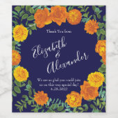 オレンジ&ネイビーブルー牡丹&バラフローラ結婚ズ ワインラベル (シングルラベル)