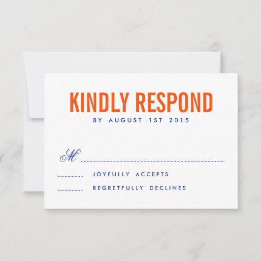 オレンジ&ネイビーモダンタイポグラフィウェディングRSVPカード 出欠カード (正面)