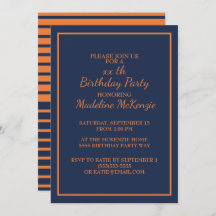 オレンジ ネイビー ブルー ストライプ 誕生日パーティー 招待状