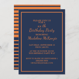 オレンジ ネイビー ブルー ストライプ 誕生日パーティー 招待状