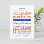 オレンジ & ネイビー モダン タイポグラフィー ウェディング 招待状 (スタンド正面)