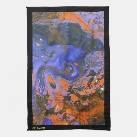 オレンジ、ネービー、ブルーブラウン抽象芸術黒アクリル キッチンタオル (縦)