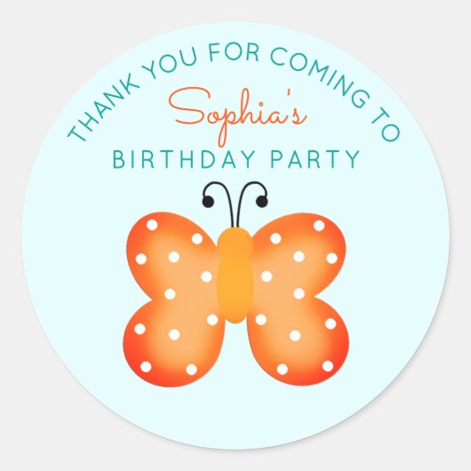 オレンジ・バタフライパーティー好意ありがとうステッカー ラウンドシール (正面)
