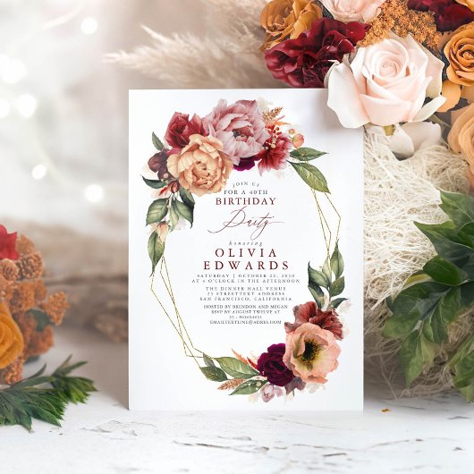 オレンジ バーガンディー レッド フラワル 秋の誕生日パーティー 招待状