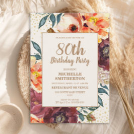 オレンジ バーガンディー 秋の花 ゴールド グリッター 80歳 招待状