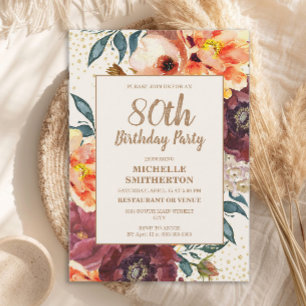 オレンジ バーガンディー 秋の花 ゴールド グリッター 80歳 招待状