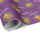 オレンジ&パープルプラム牡丹&バラフローラ結婚ズ ラッピングペーパー (ロールコーナー)