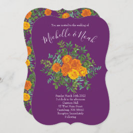 オレンジ&パープルプラム牡丹&バラフローラ結婚ズ 招待状