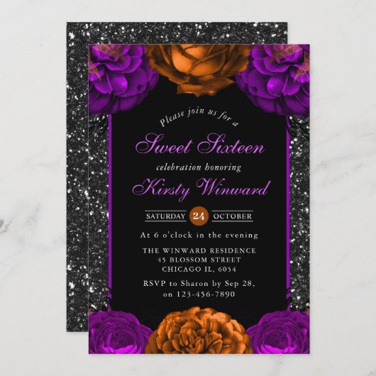 オレンジ&パープル秋フラワーハロウィンスウィート16 招待状 (正面/裏面)