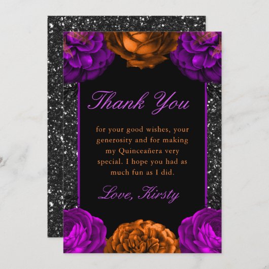 オレンジ&パープル秋フラワーハロウィーンキンセアニェラ サンキューカード (正面/裏面)