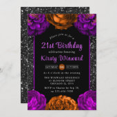 オレンジ&パープル秋フラワーハロウィーン誕生日 招待状 (正面/裏面)