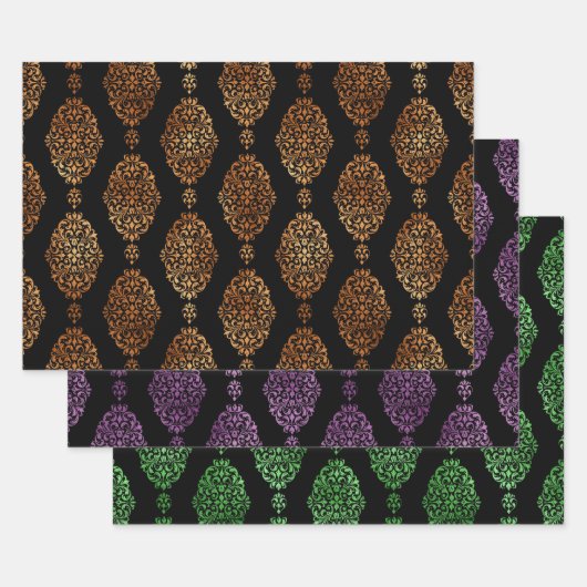 オレンジ、パープル、グリーンのハロウィーン ダマスク ラッピングペーパーシート (セット)