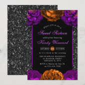 オレンジ & パープル 秋の花 ハロウィン スイート16 招待状 (正面/裏面)