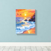 オレンジ ビーチの夕日 | 海岸の絵画 キャンバスプリント (インサイチュ (ウッドフロア))